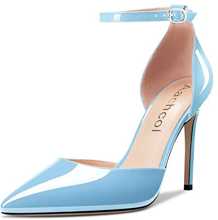 Aachcol Femmes Aiguille Haut High Talon Heel Escarpins Lanières Cheville Two-Piece Pointu Bout Dress Chaussures Bureau Party Mariage Vernis Bleu Ciel 10 CM 39 EU