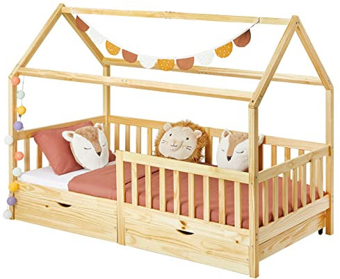 IDIMEX Hausbett NUNA aus massiver Kiefer, Montessori Bett in 90 x 200 cm mit Rausfallschutz, Spielbett mit Schubladen, modernes Kinderbett mit Dach in Natur