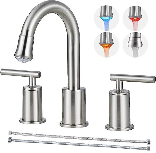 VXV Robinet de salle de bain LED en nickel brossé, robinet d'évier de salle de bain large de 20,3 cm, robinet de toilette à 2 poignées et 3 trous, robinet mitigeur de lavabo, assemblage de vidange