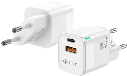 AISENS Cargador Gan 30W. 1xUSB-C PD3.0 QC4.0. 1xUSB-A QC3.0. Blanco