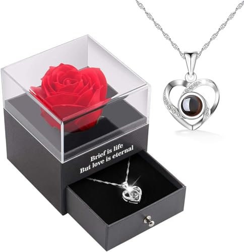 Christmas Gifts for Women Mum,925 Silver Necklace with Red Rose Artificial Flower,Secret Santa Gifts for Women Her,Stocking Fillers for Her Girlfriend on Christmas Birthday Anniversary Valentines