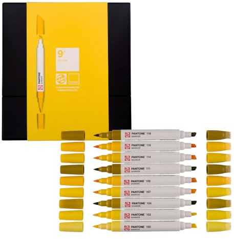 Talens | Pantone Marker 9er Set Yellow | Dual-Tip-Stift mit Pinselspitze und Keilspitze | Wasserbasierte, pigmentierte Tinte in Pantone-Farben