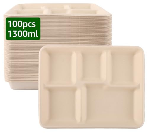 YOUNTHYE 100 Stück Pappteller 26cm Quadratische Pappteller 5-Geteilte Menüteller Mehrwegteller Plastik Teller Kunststoffteller Kompostierbar Ökologisch Einwegteller Umweltfreundlich Servierplatten