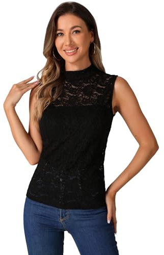 Allegra K Canotta Donna Pizzo Floreale Senza Maniche Canotte Lupetto in Pizzo Top Elegante per Festa Nero L