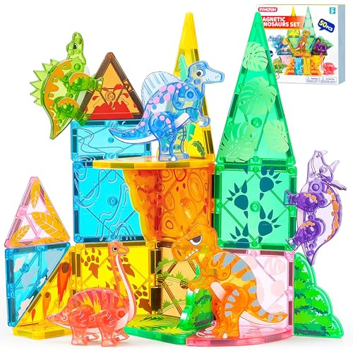 SYNCFUN Magnetiska plattor, set med djungeldjur för barn, 50 st magnetblock, byggklossar, 5 dinosaurier, lärande pedagogiska STEM-konstruktionsleksaker för barn på 3–8 år, julklapp, födelsedagspresent