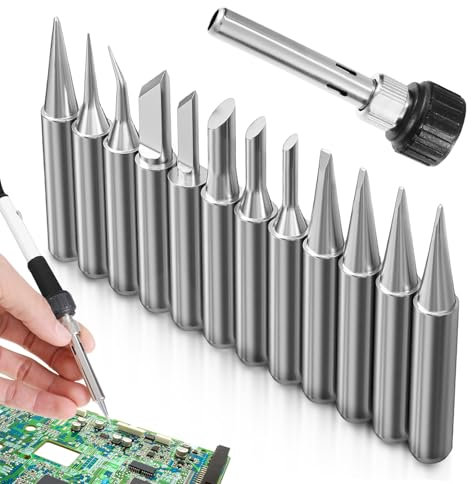 UICCVOKK 12 Stück Lötspitzen, 900M Lötspitzen Spitzen, Lötspitze Ersatz set, Ersatzlötspitzenset, Bleifreie Lötkolbenspitzen mit 936 Zubehör für Griffe, 936 Hülse 3-teiliger Satz für Lötstation Tool