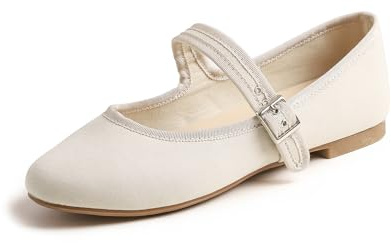 Feversole Women's Textile Mary Jane Fashion，Femmes élégantes Chaussures décontractées Ballerines Fond Mou Confortable Marche Quotidienne Mary Jane Chaussures de Mode Beige Toile Taille 41
