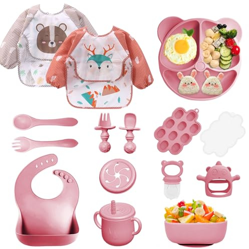 Bizcasa Vajilla Bebe Silicona, 14 Piezas Vajilla de Silicona para Bebés Antideslizante, Cubiertos Bebe para comer destete, Sin BPA, Con Baberos de manga larga Taza Plato Cuenco (Rosa oscuro)