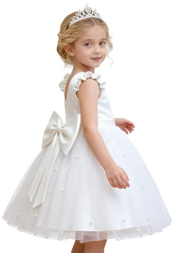 Nileafes Flower Girls Tutu Pageant Princess Dress Toddler Girl Pearl Wedding Party Ball Gown Size 7Y (7 Years, 070- White)