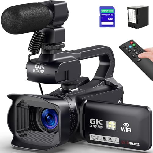 Videokamera 6K Camcorder 64MP HD 18X Digitalzoom Vlogging Kamera mit IR Nachtsicht für YouTube, Webcam Camera WiFi Videokamera mit 4500mAh Akku,SD-Karte, Handstabilisator, Mikrofon und Fernbedienung