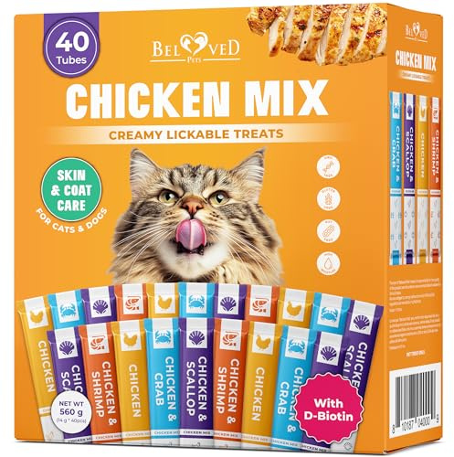 Creamy Lickable Cat Treats & Wet Food Squeeze Tubes – Liquid Kitten Snacks, Skin & Coat Health, Multivitamin Treats for Cats, & Small Dogs, Lick Up 40 Chicken Mix