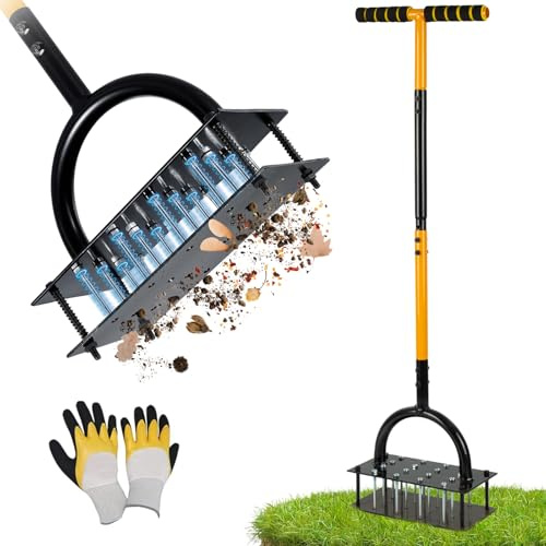 sykart Lawn Aerator Tool with 16 Steel Spikes, Grass Aerator Lawn Tools with Spring-Loaded Design & Adjustable T-Handle, Pre-Assembled Hand Aerator Lawn Tool for Lawn, Courtyard and Garden