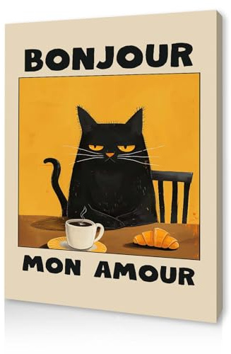 Qiukoo Art mural sur toile encadrée avec toile pré-encadrée et crochets de suspension – Impression drôle de chat Bonjour Mon Amour, art mural moderne pour salon, chambre, cuisine ou coin café, 30,5 cm
