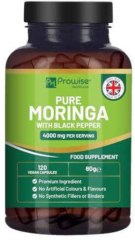 Hoja de moringa pura (4000 mg por ración) con pimienta negra añadida. 120 cápsulas veganas | Suplemento de hoja de moringa oleífera | 100% natural, sin aglutinantes ni rellenos sintéticos