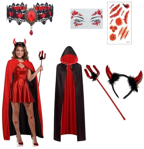 SSKHE Costume De Diable Pour Femme Avec Cape Pour Carnaval, Halloween, Cape Rouge À Capuche Avec Cornes De Diable, Serre-Tête, Chaîne De Diable, Tatouage De Diable