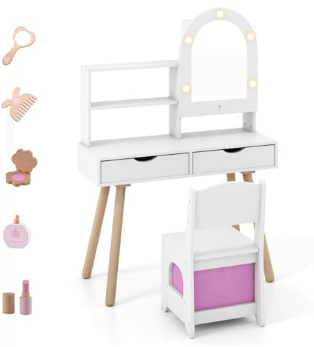 LIFEZEAL Specchiera Trucco per Bambina 3+Anni, con Luci, Sgabello, Sedia, Specchio, Tavolo Toeletta, Postazione Makeup, con 3 Cassetti, Armadietto, Mensole, Accessori, in Legno, Cameretta (bianco)