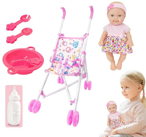 Bambola con set di passeggino, bambola con passeggino, accessorio per bambole per giochi di ruolo realistici, set di giochi di ruolo da 10 pollici con per passeggino, bambole morbide per