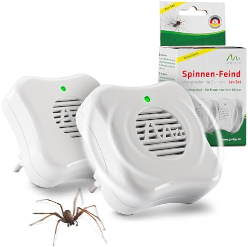 GARDIGO® Prise Anti Araignée Lot de 2 I Répulsif à Ultrasons Contre Les Araignées I Antiparasitaire Ultrasonique pour Usage intérieur Contre Les Araignées I Portée 25m² I Répulsif Anti-Insectes.