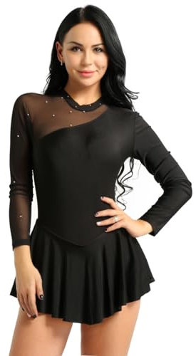 Freebily Damen Eiskunstlaufkleid Langarm Glänzend Strass Mesh Ballettkleid Eislaufen Skating Kleid Tanz Trikot Sportbody Gymnastikanzug Schwarz L