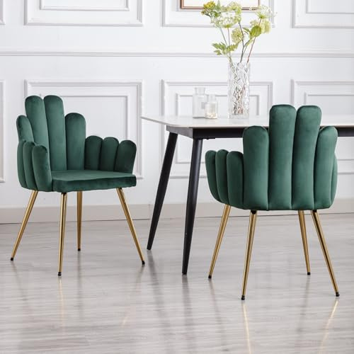 Stolus Matstolar 2 st, modern design vadderad fåtölj i sammet, grön | Speciell fingerformad design, guldpläterade metallben, mjuk sammet stoppad, för matsal eller fåfänga