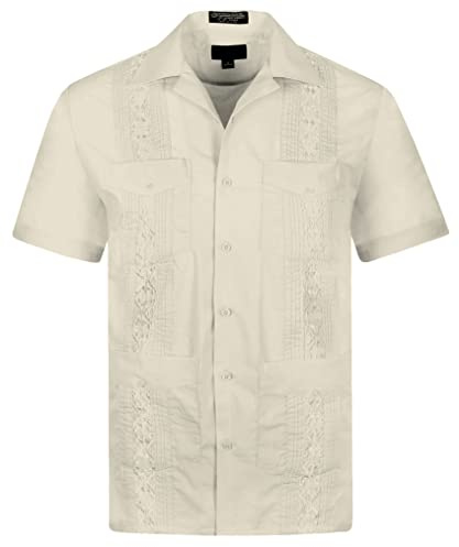OmegaTux Cuban Guayabera Short Sleeve Shirt, Wedding Cigar Beach Bartender Casual Ivory,Large