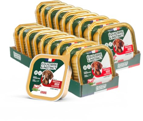 EQUILIBRE & INSTINCT - Chien Adulte - Pâtée Nourriture Humide Bœuf - Transit Digestif Optimal - Recette Complète Formulée avec des Vétérinaires - 18x300g - Fabriqué en France