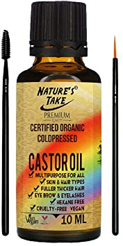 Castor Oil 100% pure certified (10ml) w/Free Lash&Brow Brushes - Cold Pressed Castor Oil for Eyelashes,Hair Growth,Beard,Body,Face,Nail,Skin Care