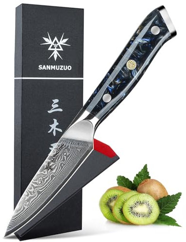 SANMUZUO Coltelli per Frutta e Verdura Damasco - Coltello da Cucina 9 cm, Coltelli per Sbucciare di Acciaio Damasco da 67 Strati- Impugnatura Resina - Xuan Series(Nero Stellato)