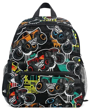 Boys Girls Toddler Backpack Child School Bags, Abstract Monster Truck Car Kids Mini Kawaii Backpacks Rucksack Small Bookbag Children's Backpack with Chest Strap Name Tag