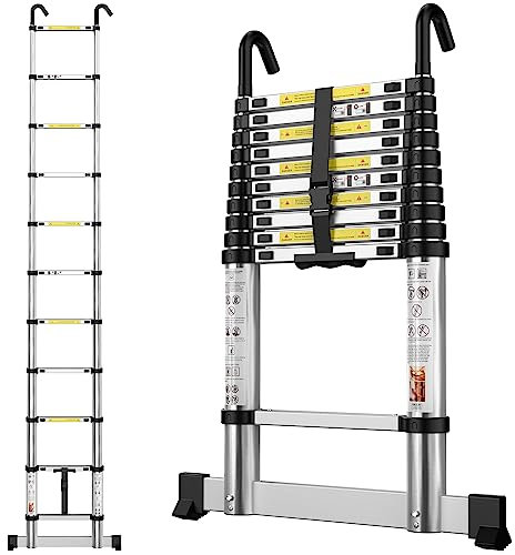 Telescopic Ladder 3.2M/10.5FT Aluminium Extension Loft Ladder with Stabilizer Bar and Detachable Hooks, Multi Purpose Extendable Portable Folding Ladders, 11 Steps, EN131