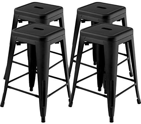 HOMASIS Lot de 4 tabourets de bar empilables en Esie avec repose-pieds - Charge maximale : 150 kg - Pour la maison, le bar, le café - Hauteur d'assise : 61 cm - Noir