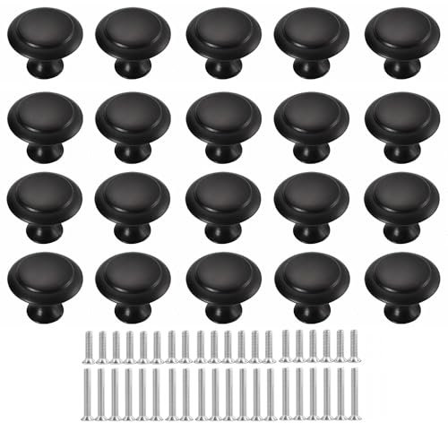 Lot de 10 Boutons de Meuble Ronds Noirs 30mm - Poignée Moderne pour Placard, Tiroir et Cuisine - Boutons de Portes Durables pour Placards avec 2 Tailles de Vis