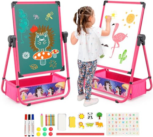 Nukdey Kids Iron Easel Double-Sided Whiteboard and Blackboard with Storage Bag Stickers 360°Rotatable Easels Foldable Drawing Board 29.5-43.7in(75-120cm) Adjustable Height Metal Easel for Boys Girls