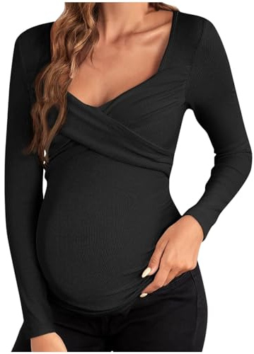 WOXIHUAN Maglietta Allattamento Premaman Scollo a v Maglia Manica Lunga Abiti Premaman Donna T-Shirt Camicia di maternità Gravidanza Camicetta Donna Elegante Regali per la Moglie Nero M