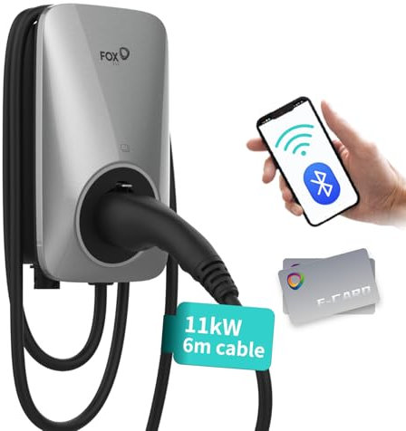 FoxESS Typ 2 11 kW EV Ladegerät für Zuhause, 16A 380V, CE & TÜV Wallbox mit 6 Meter Kabel und App-Steuerung, RFID & WiFi, Silber