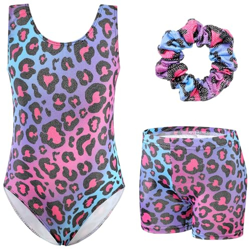 XiaoMoSha Girls Three-Piece Gymnastics Set Sleeveless Purple Girls Leotards with Shorts and Hairband Glitter Gradient Color Dance Ballet Unitards Gymnastics Outfits, PurpleLeopard, 5-6 Years