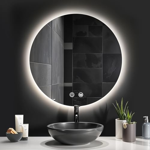 Warmiehomy Round Bathroom Mirror with LED Lights,500mm Illuminated LED Bathroom Mirror Wall Mounted with 3 Colour Lighting,Anti-fog,Waterproof IP44,Touch Control