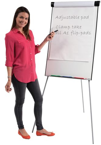 Metroplan Tripod Flipchart Easel | Large Magnetic Dry-Wipe Whiteboard| 1000 x 680 mm | White Frame | Height-Adjustable - Ideal for Office, School, Presentation, Venues
