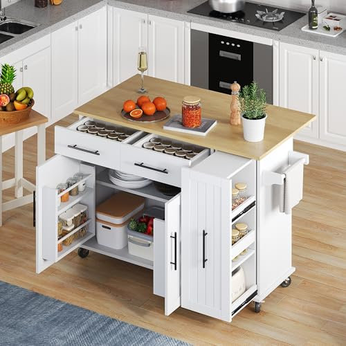 Zubaliya Îlot de Cuisine 120x40-65x90cm avec établi Pliable,Chariot de Rangement avec Organiseur Coulissant à 3 Niveaux,Buffet Cuisine avec Porte-Serviettes et 2 tiroirs,Buffet Salle a Manger,Blanc