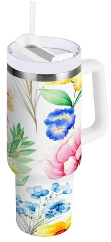 RPLIFE Wildflowers - Bicchiere da tè con manico, in acciaio inox, con cannuccia, 1,2 l