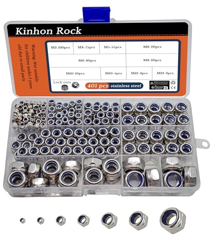 Kinhon Rock 401pcs Metric Nylon Insert Lock Nuts Assortment Set DIN 985 304 Stainless Steel Nylon Locknuts Hex Locknuts Kit with Box M3 to M12 Reusable Anti-Loose Corrosion-Resistant for RC Car DIY