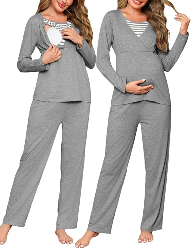 Bresdk Pijamas de Lactancia para Mujer Invierno Pijamas de Maternidad de Hospital para Premamá Algodón Conjunto Embarazo de Embarazadas S-XXL