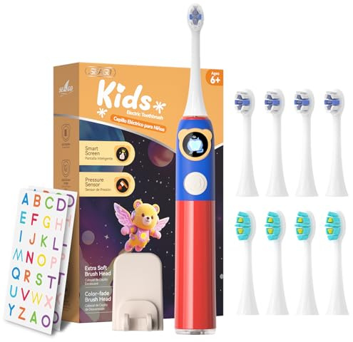 Seago Cepillo eléctrico para niños con pantalla inteligente para mayores de 6 años, cepillo de dientes sónico y sensor de presión, temporizador de 2 minutos, mango de silicona,SG2772, Azul