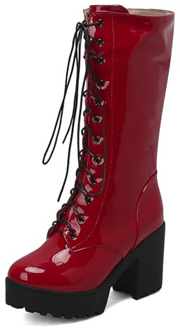 Lizoleor Tacón Ancho Punta Rojoonda Cordones Mujer Botas de Media Pantorrilla Side Cremallera Sweet Charol Cross Strap Plataforma Moda Girl Botas de Vestir Rojo Talla 36 EU