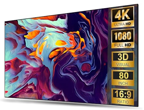 72/80/84 Inch Fixed Frame Projection Screen, 16:9 Format, 8K/4K Ultra HD Ready, Works with Long Throw, Ultra Short Throw Projectors(80in)