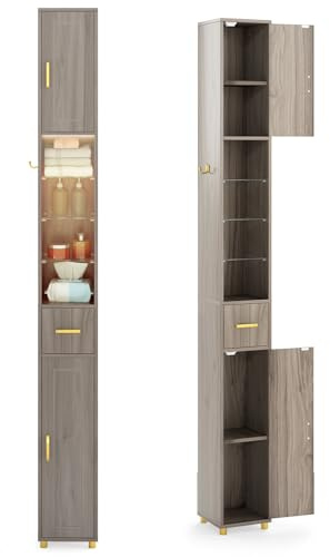LIFEZEAL Mueble de Baño Alto Estrecho, Columna Moderna 20x20x181 cm, Armario con 2 Puertas, Gancho, Estantes de Vidrio, Luz LED de Tres Colores, Aparador para Cocina y Baño (Gris)