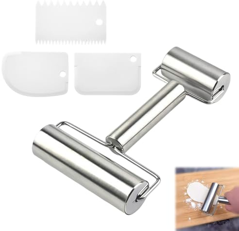 Mattarello in acciaio inox piccolo e medio, mattarello in acciaio inox con 2 rulli e 3 raschietti per pasta, per stendere impasti, biscotti, pizza, dessert