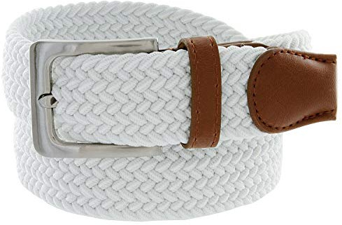 Men's Stretch Belt Braided Elastic Stretch Belt Casual Weave Canvas Fabric Woven Belt 1-3/8 Wide (White, 3L)