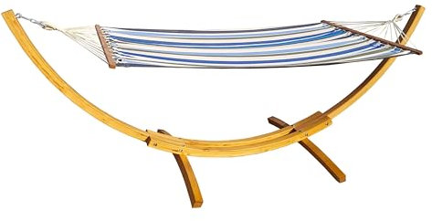 vanvilla Hängematte mit Gestell aus Lärche natufarben Lagarde 320cm x 120cm, Hängematte blau/Weiss gestreift, Edelstahlteile, Hängemattengestell Holz