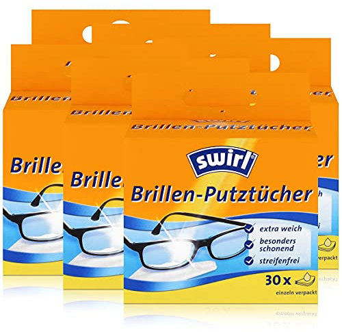 Swirl Brillen-Putztücher 30 einzeln verpackte Tücher in Spenderbox - Anti-Beschlag-Effekt - Extra weich und schonend - Fettlösend - Streifenfrei (6er Pack)